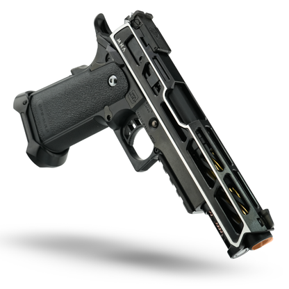 Black and silver custom Tokyo Marui Hi-Capa 5.1 gas blowback pistol by MNA with CNC slide and full performance upgrades.