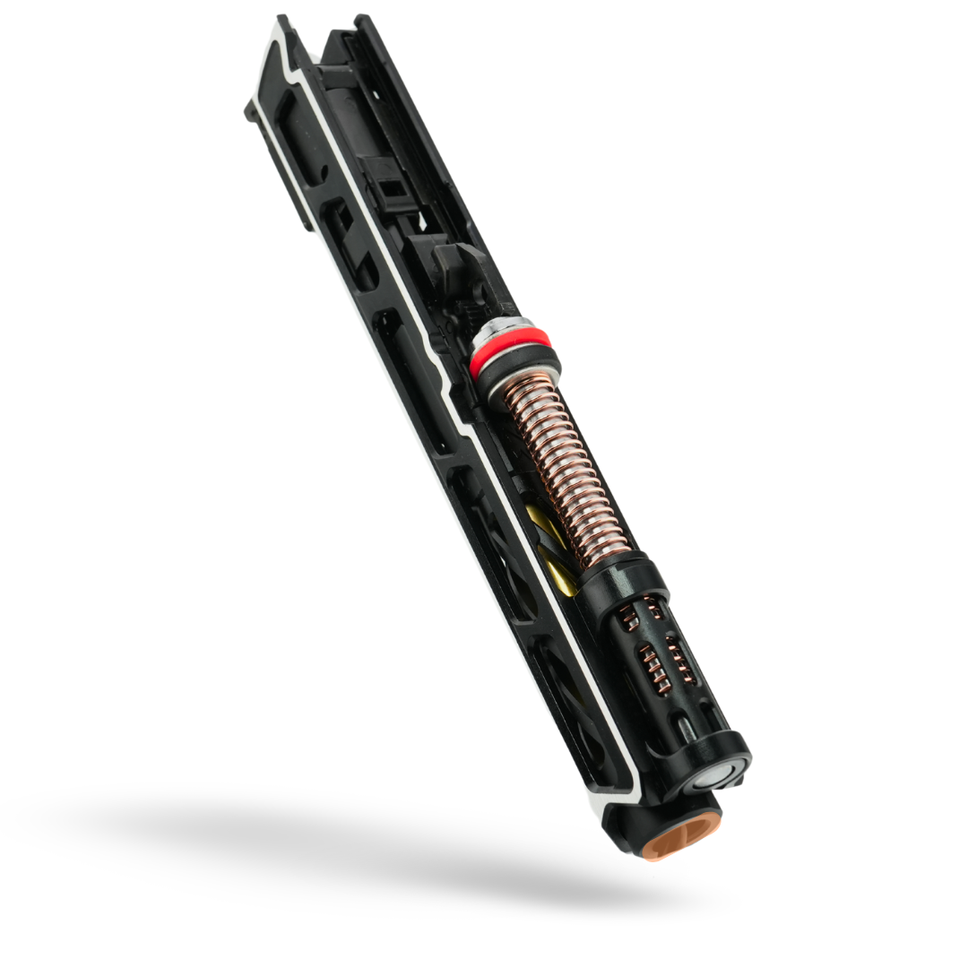 silver and black upgraded Hi-Capa airsoft pistol by Minnesota Airsoft with CNC slide, magwell, and recoil spring kit.