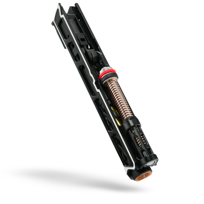 silver and black upgraded Hi-Capa airsoft pistol by Minnesota Airsoft with CNC slide, magwell, and recoil spring kit.