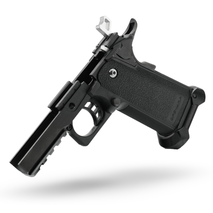 Black and silver Hi-Capa 5.1 GBB pistol from MNA featuring CNC aluminum slide, short-stroke kit, and precision recoil upgrade.