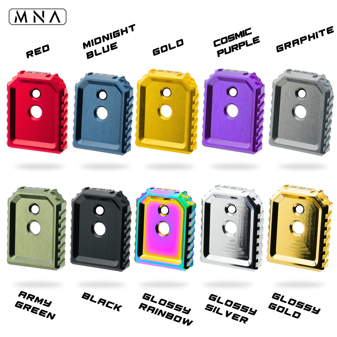 MNA minnesota airsoft hi capa magazine base plates. 10 colors for hi capa tokyo marui green gas airsoft magazines. Custom upgraded hi capa magazine base plate set.