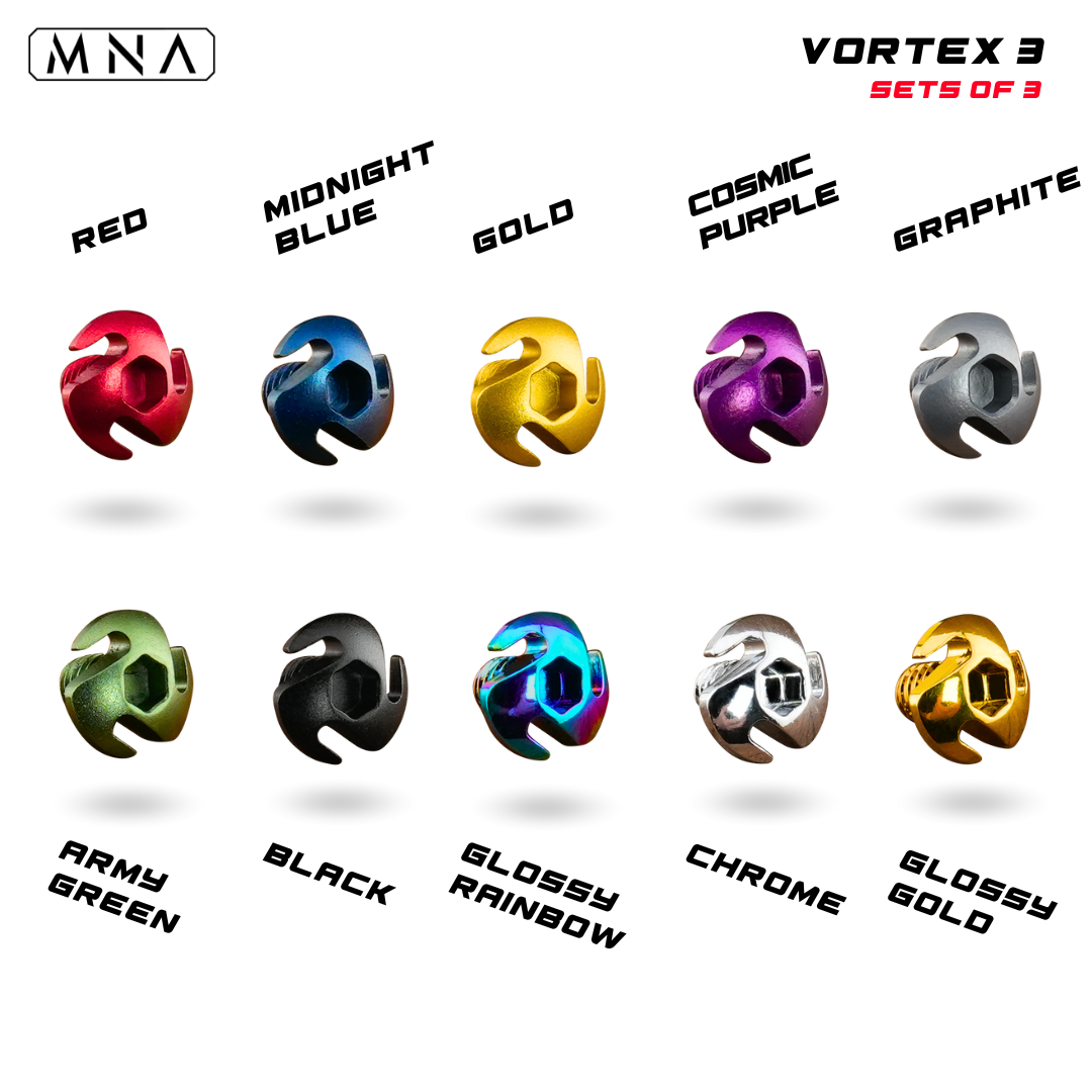 tokyo marui upgraded mna hi capa pistol grip screws in gold, red, blue, rainbow, chrome, purple, grey, green, black, and other colors for custom hi capa grips. vortex 3.