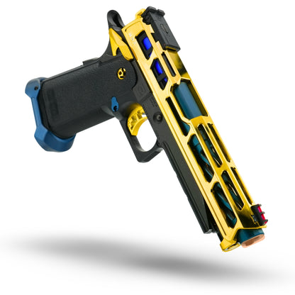 Right side of custom-built TM Hi-Capa 5.1 with MNA skeletonized magazine release (blue), MNA fluted guide rod (glossy gold), Maple Leaf 70° 2023 Autobot bucking, and Lambda 6.01mm stainless inner barrel (113mm) for competition-grade precision and air seal.