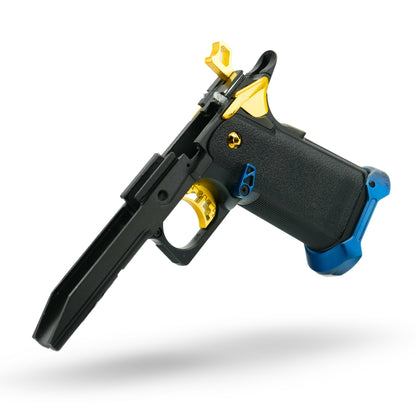 Midnight blue and glossy PVD gold Hi-Capa 5.1 custom airsoft pistol build featuring MNA 140% recoil spring, MNA short stroke kit, flared MNA CNC magwell, and NexxSpeed hop-up system — designed for IPSC-style shooting or speedsoft setups.