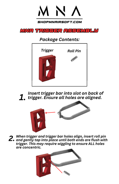 Instructional image showcasing the components and installation steps for the MNA Trigger Assembly, which includes a trigger and a roll pin. The trigger is red with a knurled front face, and the roll pin is metallic.