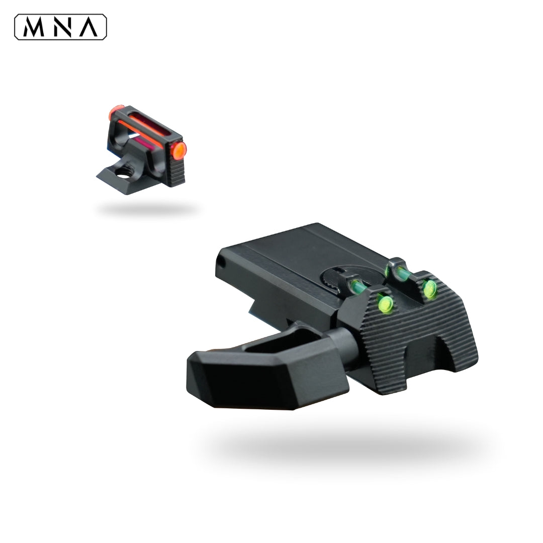 MNA CNC Hi Capa fiber optic sight set with removable charging handle for tokyo marui hi capa. Best hi capa upgraded fiber optic sight set for tokyo marui custom hi capa airsoft gas pistols.