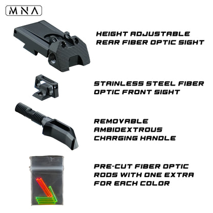 MNA CNC Hi Capa fiber optic sight set with removable charging handle for tokyo marui hi capa. Best hi capa upgraded fiber optic sight set for tokyo marui custom hi capa airsoft gas pistols.