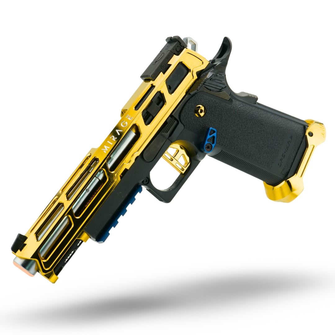 custom tokyo marui hi capa pre build minnesota airsoft MNA. Glossy gold griffin MN Airsoft mirage hi capa upgraded pre build gold and black gas blowback airsoft pistol. Best custom airsoft hi capa pistol in gold and black color with full upgrades.