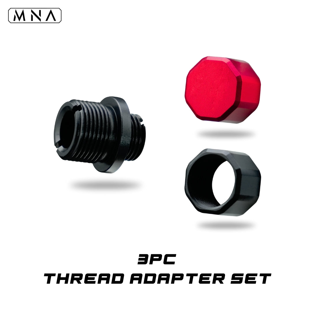 MNA Hi capa thread adapter set for tokyo marui hi capa. thread adapter for hi capa outer barrels. three pieces including thread protector and safety cap.