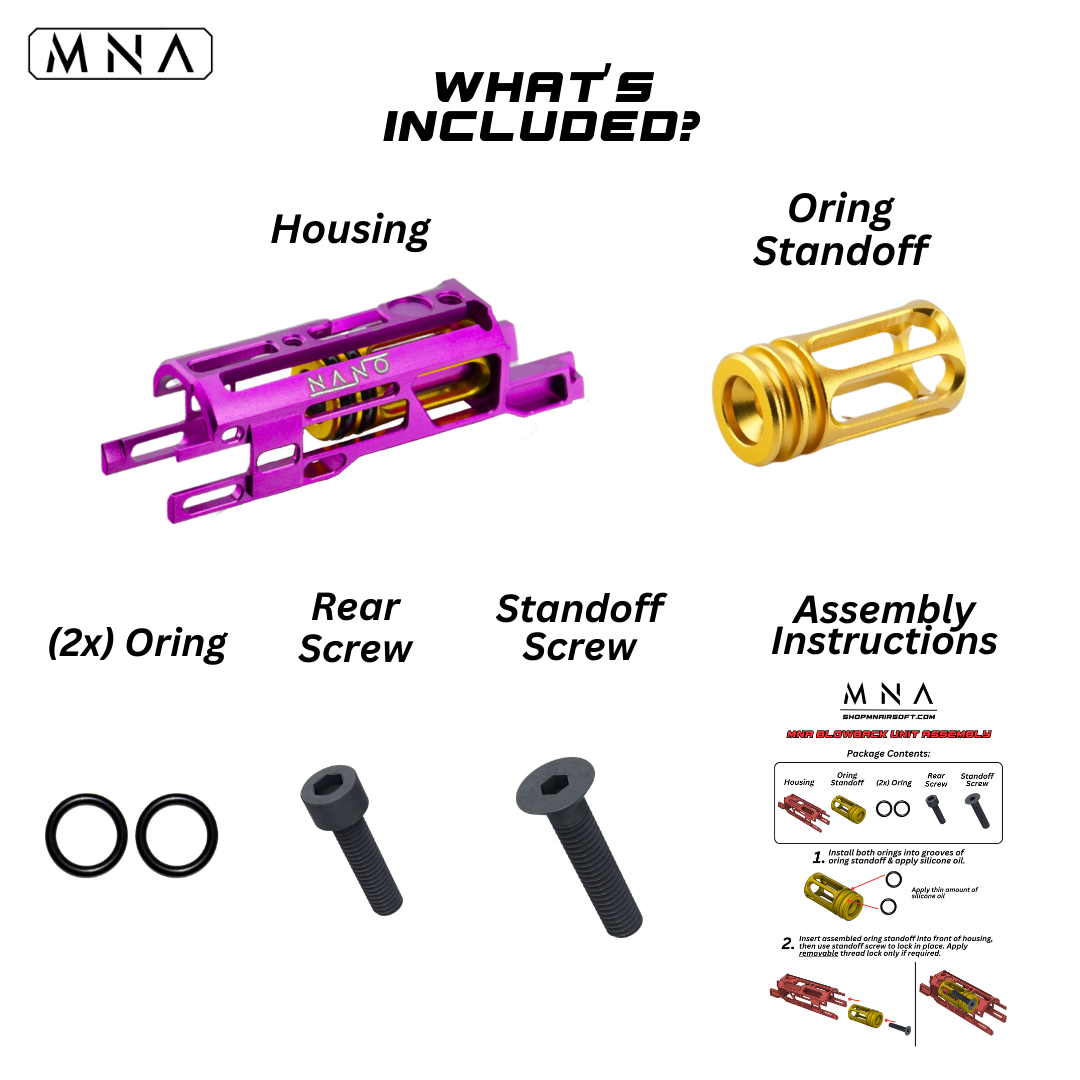 Tokyo Marui MNA Nano™ Upgraded Hyper-Light Skeletonized Blowback Unit BBU for Hi Capa gas airsoft pistols. Best upgraded custom Blowback Housing that is HPA ready for Speedqb airsoft hicapa builds.
