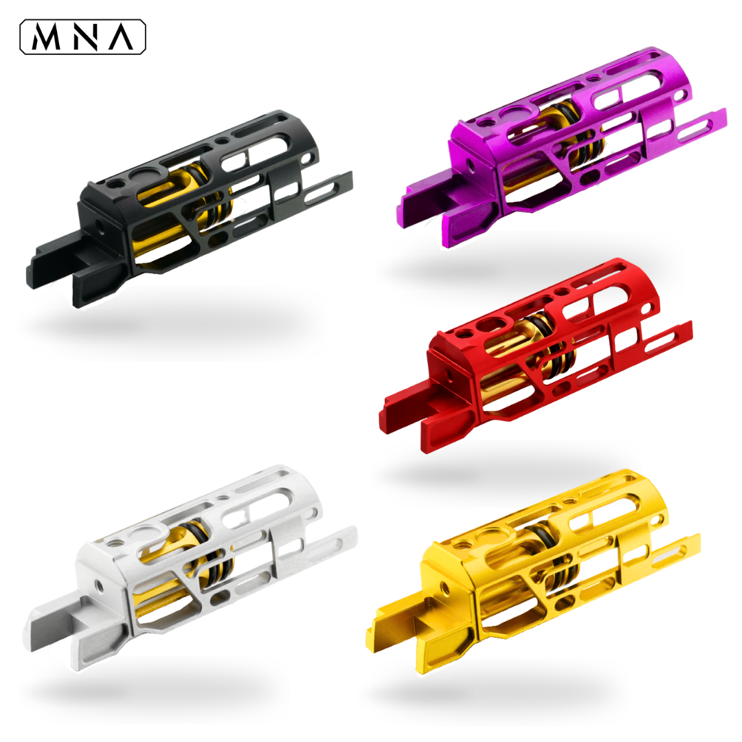 Tokyo Marui MNA Nano™ Upgraded Hyper-Light Skeletonized Blowback Unit BBU for Hi Capa gas airsoft pistols. Best upgraded custom Blowback Housing that is HPA ready for Speedqb airsoft hicapa builds.