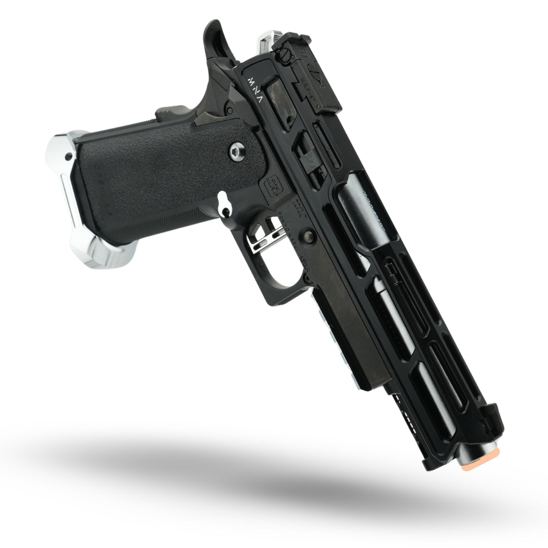Project Onyx custom gas blowback hi capa airsoft pistol. custom silver and black hicapa pistol for airsoft custom upgraded by minnesota airsoft. Second mirage image showing glossy silver.
