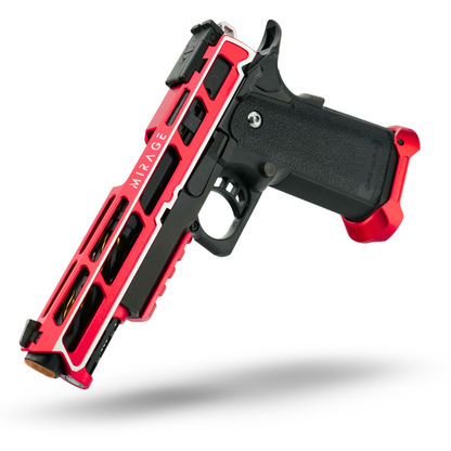 Project Genesis custom Tokyo Marui Hi-Capa 5.1 GBB pistol in red two-tone — MNA Mirage CNC aluminum slide (red/black), MNA Torque skeletonized outer barrel (black), MNA Hammer Pad (red), MNA CNC two-tone bottom rail, MNA CNC magwell (red), MNA Short Stroke Kit, MNA 140% recoil spring, NexxSpeed 180% nozzle return spring — MNA Minnesota Airsoft pre-built upgrade.