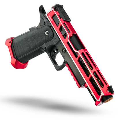 Red and black two-tone MNA Hi-Capa GBB pistol featuring CNC aluminum slide, upgraded barrel, and short-stroke kit.