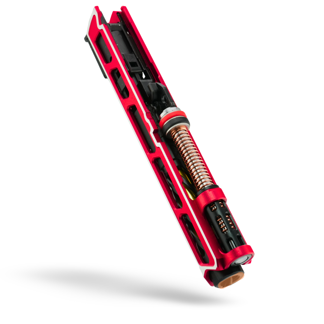 Red and black Hi-Capa custom Tokyo Marui airsoft pistol with CNC-machined slide and MNA performance components.