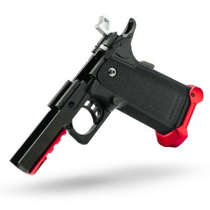 Black and red custom Hi-Capa 5.1 airsoft GBB pistol by MNA featuring CNC slide, upgraded barrel, and enhanced gas system.