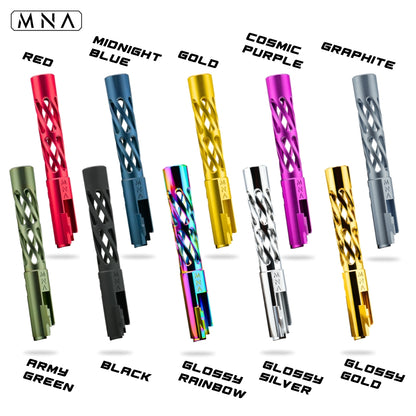MNA airsoft Hi Capa torque spiral fluted skeletonized outer barrel for tokyo marui custom upgraded hi capa. Minnesota Airsoft bottom view barrel.
