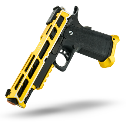 Project Genesis custom Tokyo Marui Hi-Capa 5.1 GBB pistol in gold two-tone — MNA Mirage CNC aluminum slide (gold/black), MNA Torque skeletonized outer barrel (black), MNA Hammer Pad (gold), MNA CNC two-tone bottom rail, MNA CNC magwell (gold), MNA Short Stroke Kit, MNA 140% recoil spring, NexxSpeed 180% nozzle return spring — premium pre-built MNA build.