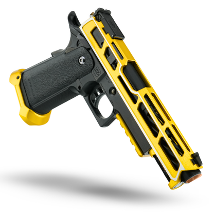 Gold two-tone Hi-Capa gas blowback pistol by Minnesota Airsoft with CNC aluminum slide and fully upgraded internals.