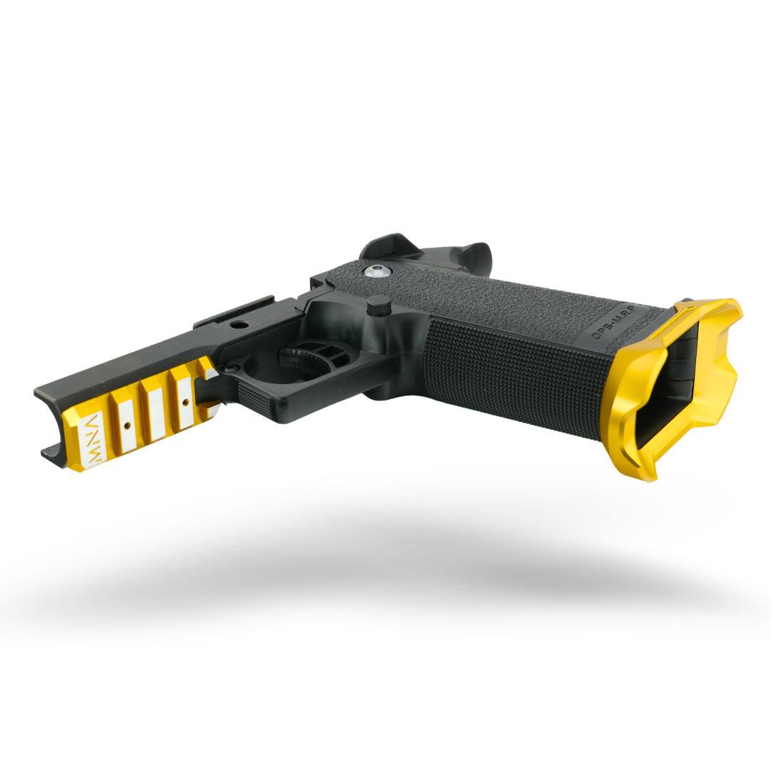 Black and gold custom Tokyo Marui Hi-Capa GBB pistol built by Minnesota Airsoft with CNC slide and competition tuning.