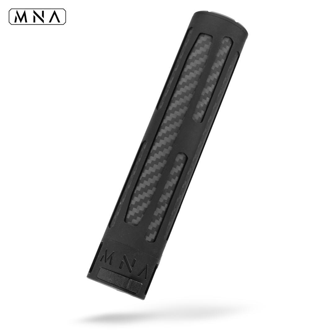 MNA illusion carbon fiber airsoft suppressor with quick detach QD system. Aluminum QD mock suppressor for airsoft guns from minnesota airsoft. Warp steel metal flash hider for illusion airsoft silencer. Twill carbon fiber airsoft.