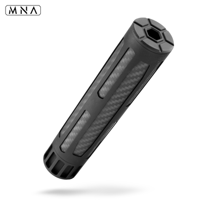 MNA illusion carbon fiber airsoft suppressor with quick detach QD system. Aluminum QD mock suppressor for airsoft guns from minnesota airsoft. Warp steel metal flash hider for illusion airsoft silencer. Front end cap airsoft silencer.