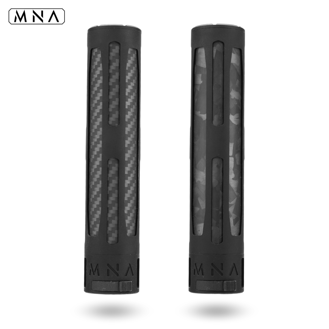 MNA illusion carbon fiber airsoft suppressor with quick detach QD system. Aluminum QD mock suppressor for airsoft guns from minnesota airsoft. Warp steel metal flash hider for illusion airsoft silencer. Forged carbon fiber.