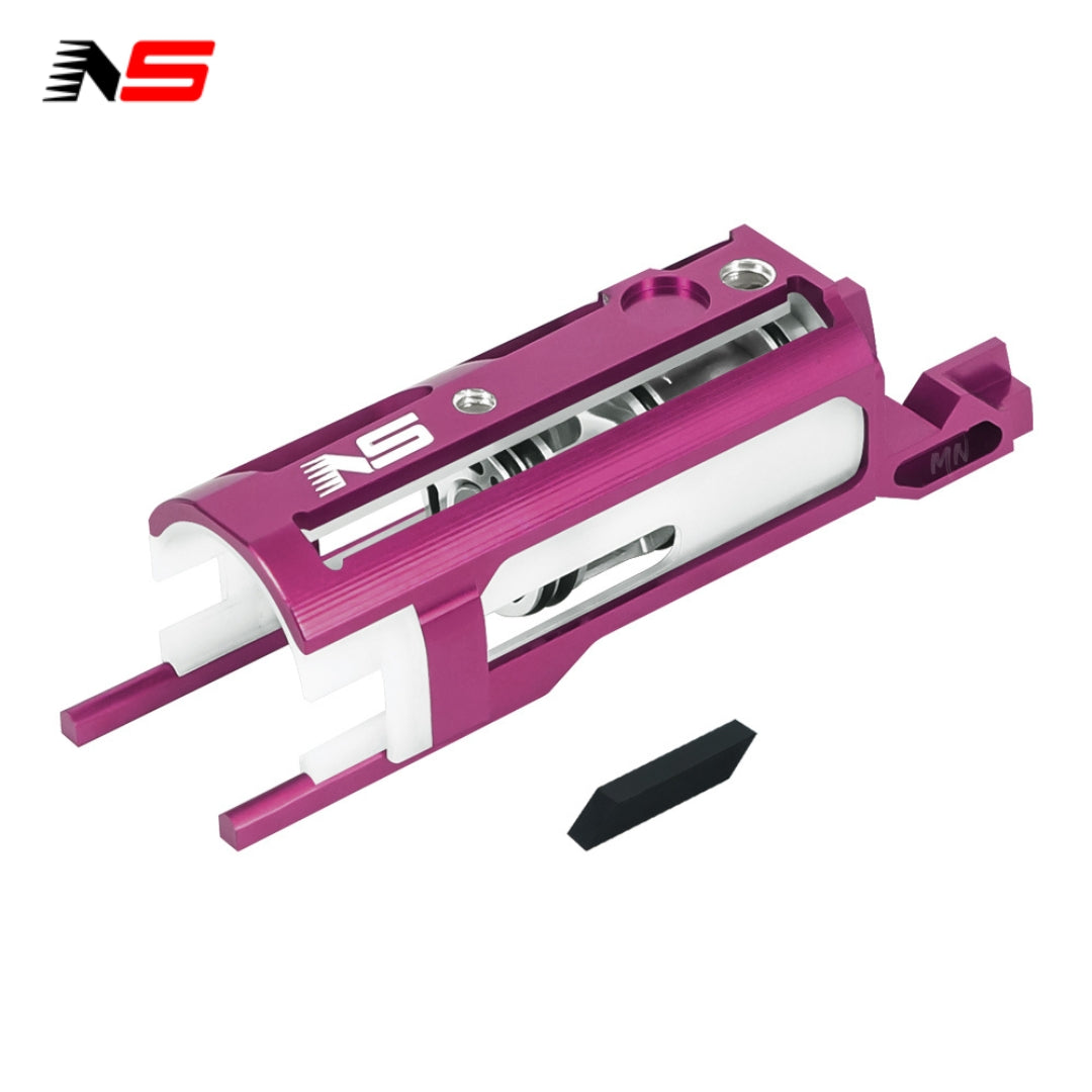 NexxSpeed CNC Blowback Unit for Tokyo Marui Hi-CAPA, crafted from CNC 7075 aluminum and polymer. Lightweight at 14.4g, it includes a triple O-ring piston head for maximum air seal and durability in airsoft. Purple BBU housing.