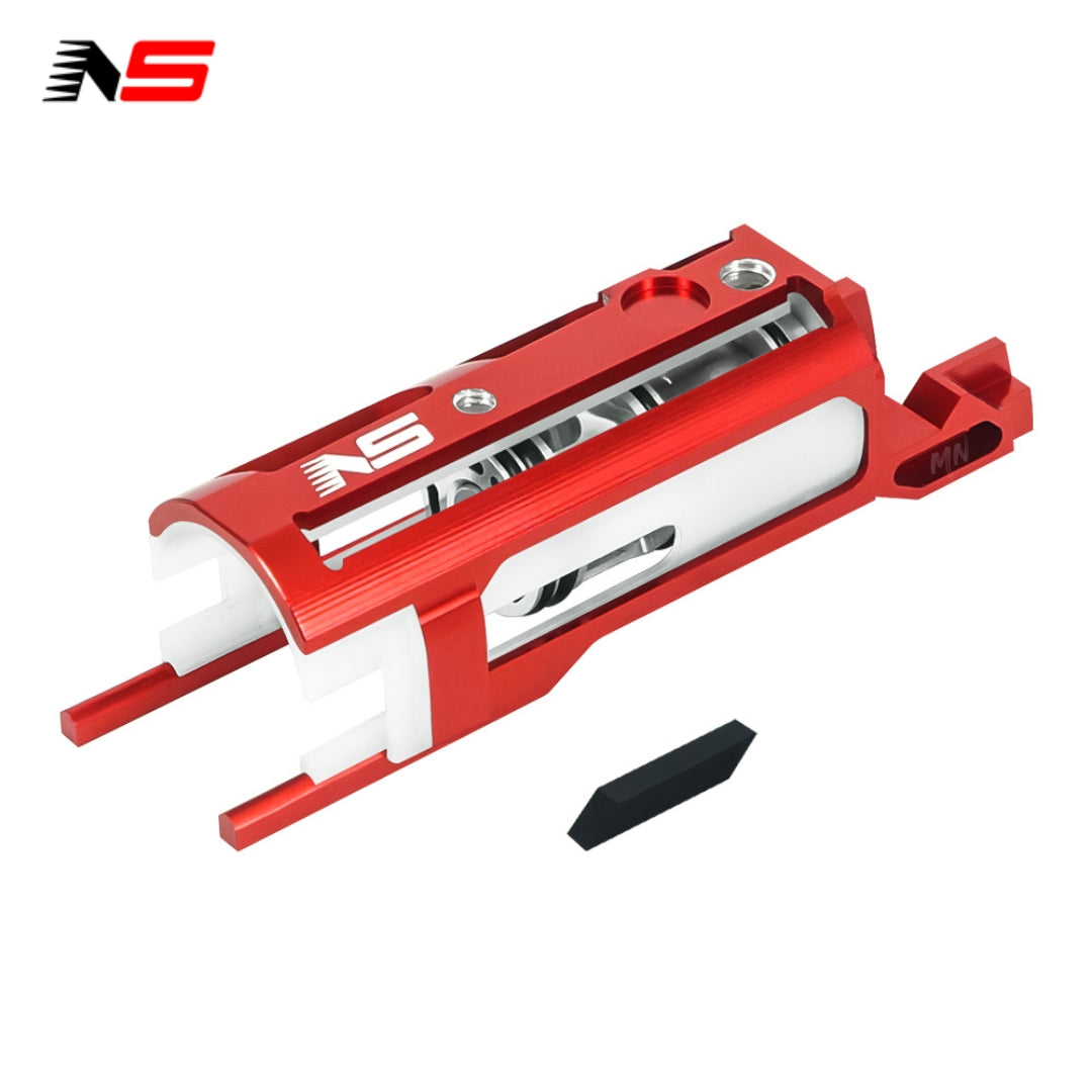 The NexxSpeed CNC Blowback Unit for Tokyo Marui Hi-CAPA improves airsoft performance with its durable CNC 7075 aluminum and polymer construction, triple O-ring piston head, and friction-reducing dual-material design. Red blowback housing.