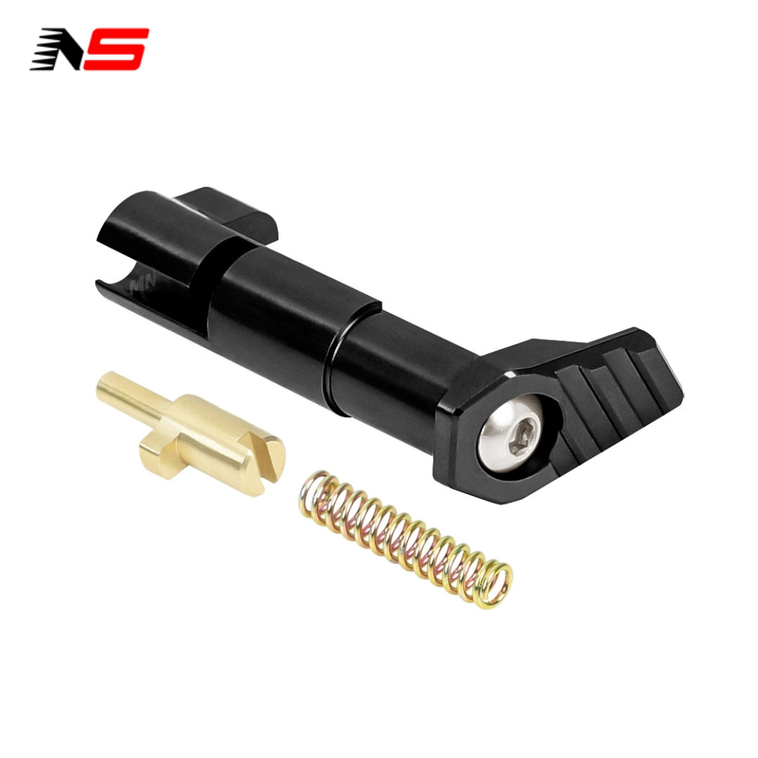 Upgrade your airsoft Hi-CAPA with the NexxSpeed CNC Magazine Release. Built from CNC 7075 aluminum and brass, this lightweight, durable release features an ergonomic angled paddle for quick and easy mag swaps. black mag release hi capa.