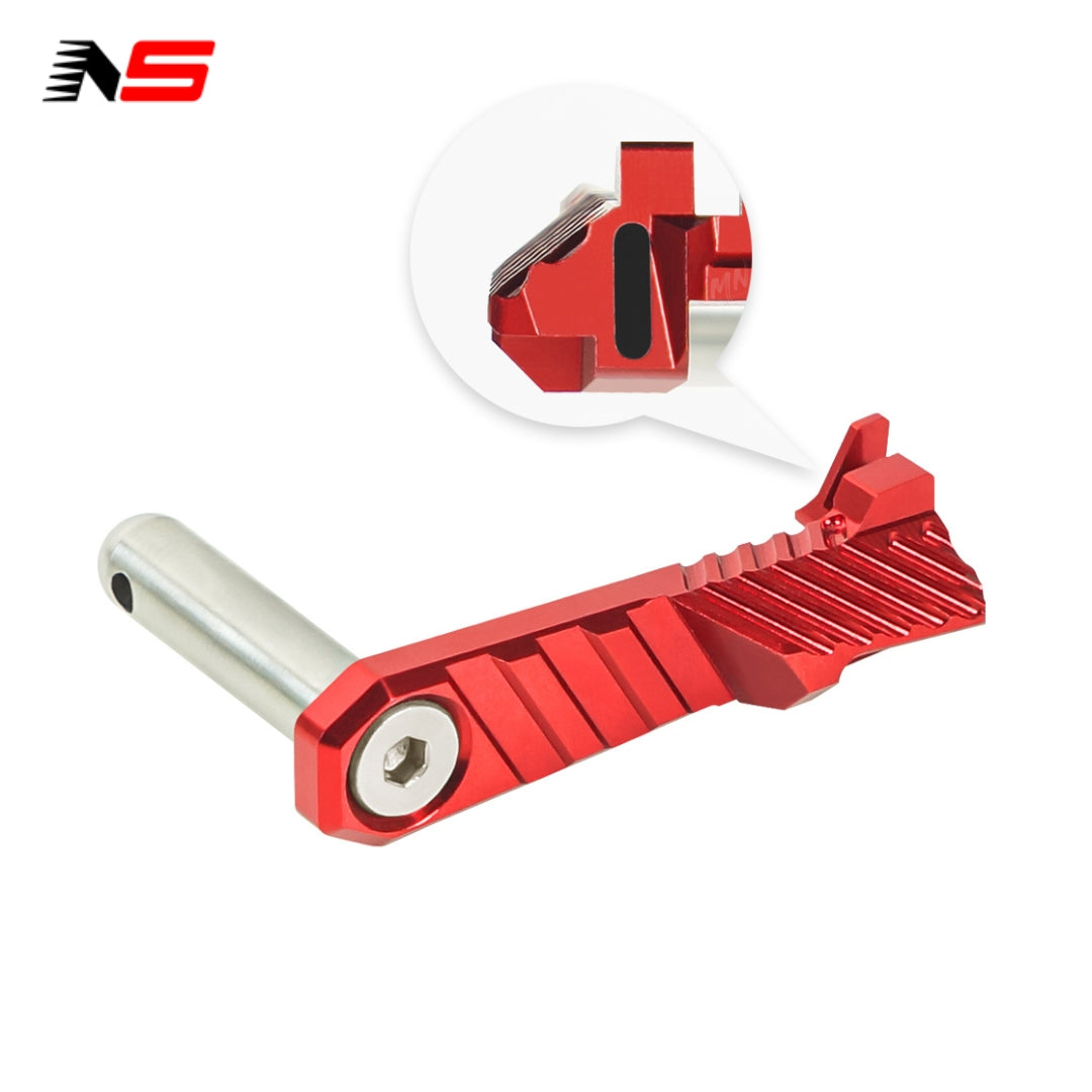 NexxSpeed CNC Slide Release for Tokyo Marui Hi Capa airsoft pistols. Made from lightweight CNC 7075 aluminum and Delrin, this 15g slide catch reduces friction and wear while offering enhanced durability and smooth operation. Red Slide catch Hi Capa.