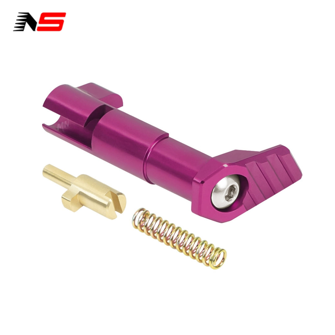 NexxSpeed CNC Magazine Release for Hi-CAPA airsoft pistols. Made from CNC 7075 aluminum and brass, this ergonomic magazine release with an angled paddle design ensures fast, efficient mag changes and long-lasting performance. hi capa purple mag release.