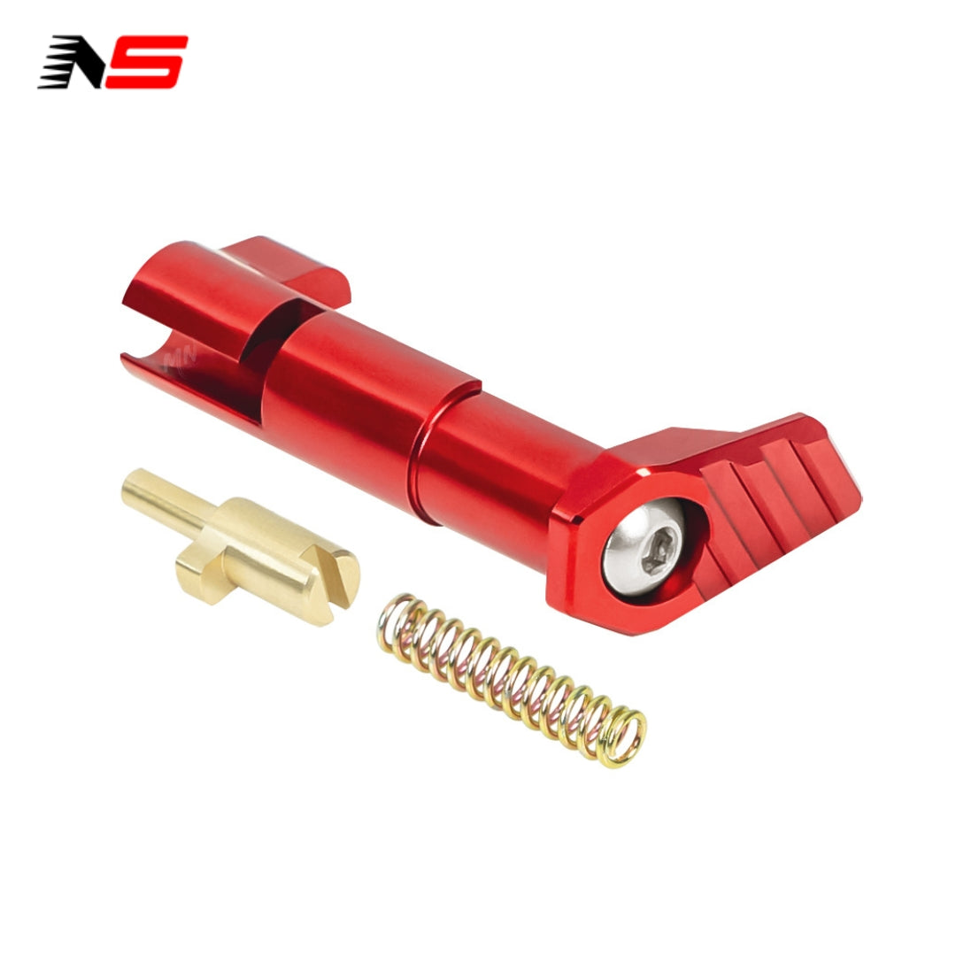 NexxSpeed CNC Magazine Release for Tokyo Marui Hi-CAPA, designed with CNC 7075 aluminum and brass for longevity and performance. The angled paddle ensures comfortable and efficient magazine changes during gameplay. Red mag release.