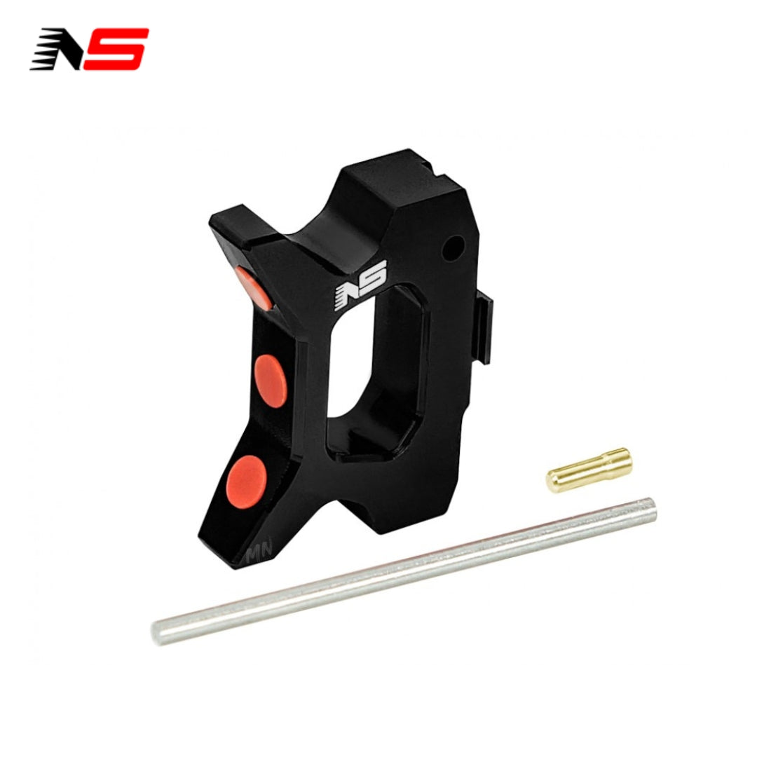 NexxSpeed CNC Trigger (Style A) for Hi Capa airsoft pistols. This 5g CNC 7075 aluminum and silicone trigger provides increased durability, with an angled face design offering the perfect blend of flat and curved triggers. Black skeletonized Trigger for hi capa airsoft pistol.