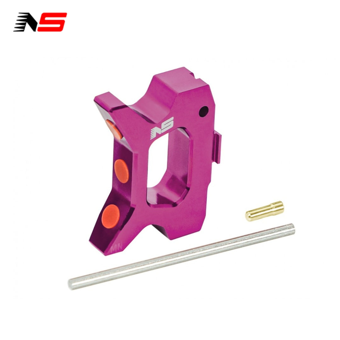 NexxSpeed CNC Trigger (Style A) for Tokyo Marui Hi Capa airsoft pistols. This 5g trigger, made from CNC 7075 aluminum and silicone, features a hybrid angled face for enhanced feel and long-lasting durability. Purple Hi Capa trigger for hi capa airsoft marui.