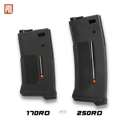 PTS® Enhanced Polymer Magazine ONE (EPM1) for airsoft enthusiasts. With a staggering 250+ round capacity, this high-capacity AEG magazine guarantees the legendary reliability PTS magazines are known for. Compatible with popular Airsoft AR-15 M4 AEGs such as Tokyo Marui, KWA, G&P, VFC, including HK416, PTS PDR-C, PTS ERG series, PTS Masada AEG, AMOEBA AM Variants, and more. Features include a Dupont Zytel® polymer shell