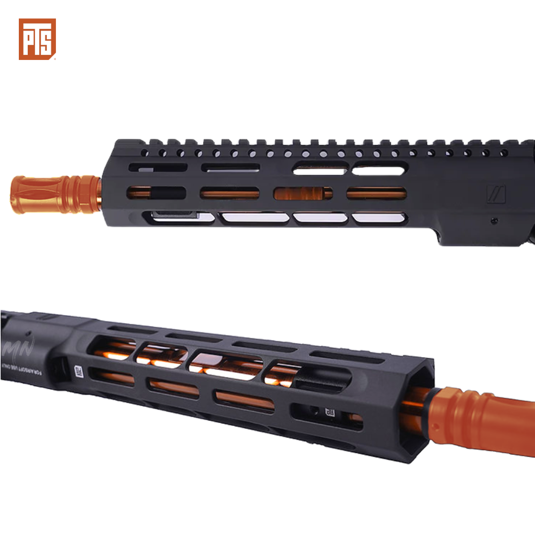 PTS Zev Core Elite M4 AEG Full metal airsof rifle. 7 inch, 10 inch, and 14 inch models for CQB or long range sniping airsoft gameplay. The best m4 aeg rifle out of the box. Pre-upgraded CYMA airsoft AEG Zev core PTS Elite m4 airsoft AEG rifle. copper colored barrel on rifle airsoft aeg m4