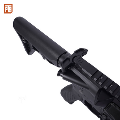 PTS Zev Core Elite M4 AEG Full metal airsof rifle. 7 inch, 10 inch, and 14 inch models for CQB or long range sniping airsoft gameplay. The best m4 aeg rifle out of the box. Pre-upgraded CYMA airsoft AEG Zev core PTS Elite m4 airsoft AEG rifle. top view of stock and ambidextrous charging handle m4