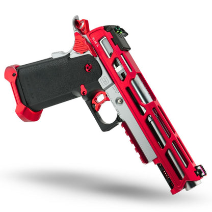 MNA Project Ares custom tokyo marui hi capa 5.1 in red and silver. Custom upgraded hi capa for qirsoft gas blowback pistols. Tokyo Marui upgraded hi capa with mna mirage and other CNC aluminum red and silver upgrades custom for hi capa. Ejection port side.