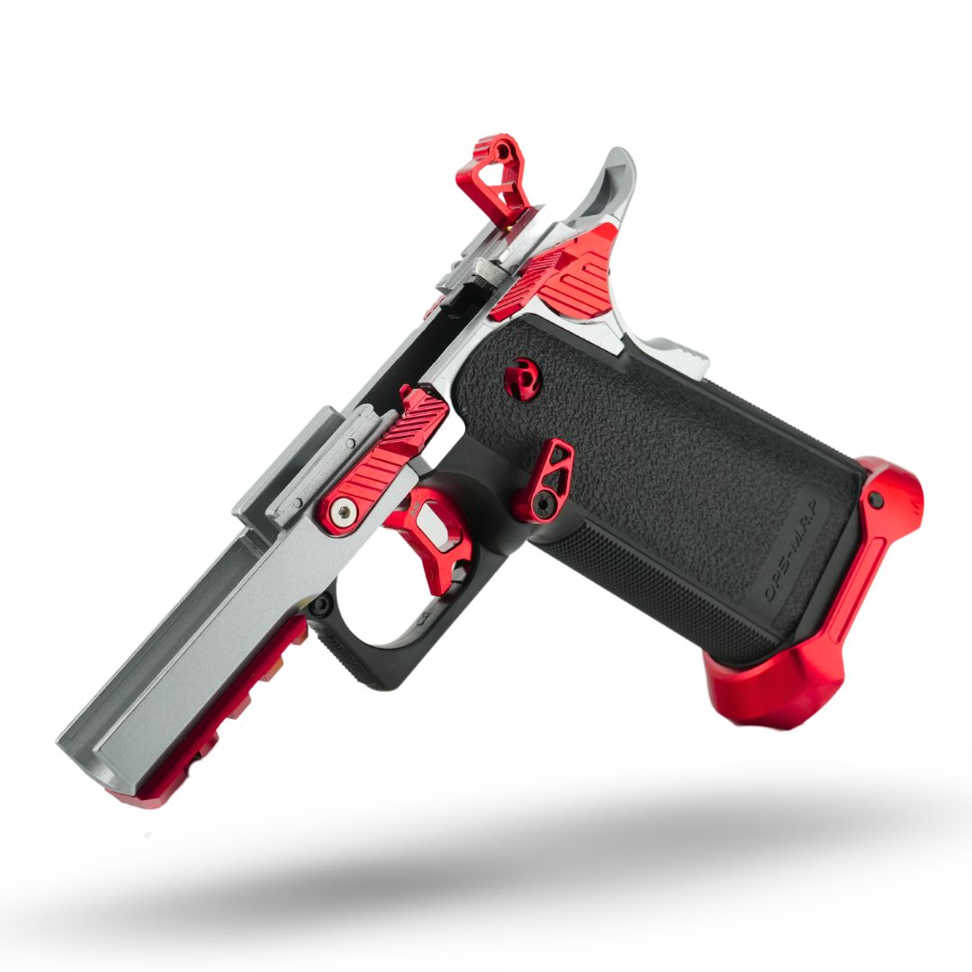 MNA Project Ares custom tokyo marui hi capa 5.1 in red and silver. Custom upgraded hi capa for qirsoft gas blowback pistols. Tokyo Marui upgraded hi capa with mna mirage and other CNC aluminum red and silver upgrades custom for hi capa. lower frame and grip for hi capa.