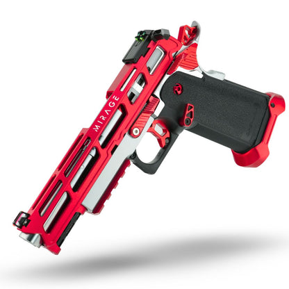 MNA Project Ares custom tokyo marui hi capa 5.1 in red and silver. Custom upgraded hi capa for qirsoft gas blowback pistols. Tokyo Marui upgraded hi capa with mna mirage and other CNC aluminum red and silver upgrades custom for hi capa.
