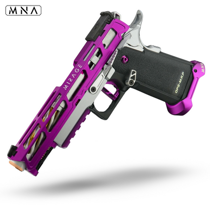 custom upgraded purple and silver tokyo marui hi capa. MN Airsoft mirage slide CNC aluminum custom upgraded best speedqb airsoft gas blowback pistol.