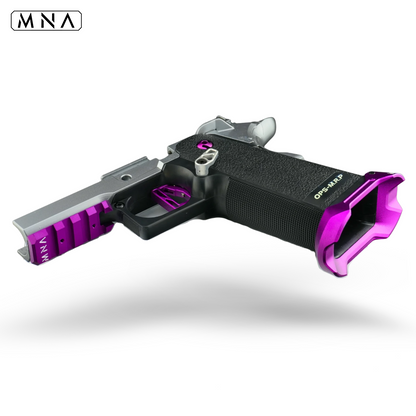 custom upgraded purple and silver tokyo marui hi capa. MN Airsoft mirage slide CNC aluminum custom upgraded best speedqb airsoft gas blowback pistol. Purple bottom frame rail for tm capa build. 