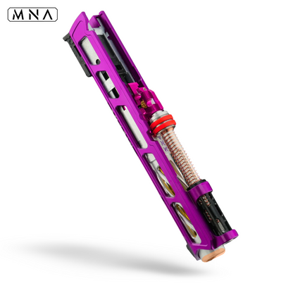 custom upgraded purple and silver tokyo marui hi capa. MN Airsoft mirage slide CNC aluminum custom upgraded best speedqb airsoft gas blowback pistol. Slide assembly upper showing short stroke and guide rod. 