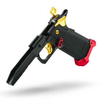Red, black, and gold custom Tokyo Marui Hi-Capa 5.1 featuring MNA short stroke kit, MNA 140% recoil spring, MNA flared CNC magwell, and EDGE HPA nozzle system — ideal for competitive IPSC or HPA Hi-Capa setups.