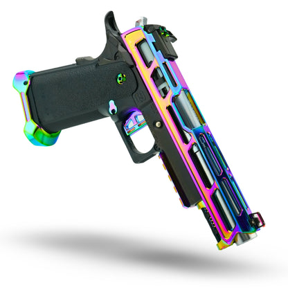 MNA Project Iris custom tokyo marui hi capa airsoft gas blowback pistol. Rainbow shiny custom upgraded hi capa with custom slide trigger magwell and rainbow upgrades for Hi Capa 5.1. Main image. Pre built second side ejection port.

