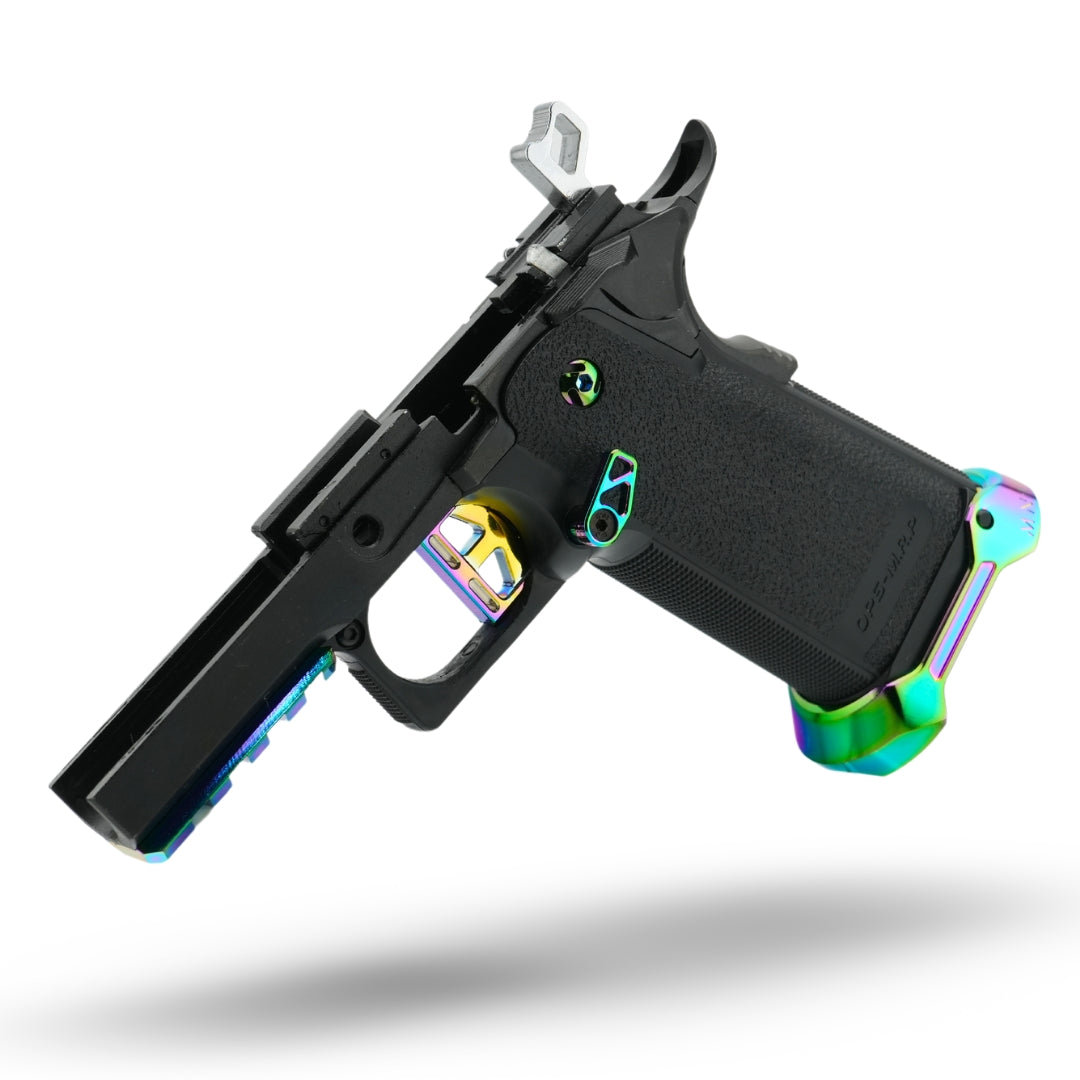 MNA Project Iris custom tokyo marui hi capa airsoft gas blowback pistol. Rainbow shiny custom upgraded hi capa with custom slide trigger magwell and rainbow upgrades for Hi Capa 5.1. Main image. grip close up woth magwell and magazine release in rainbow.