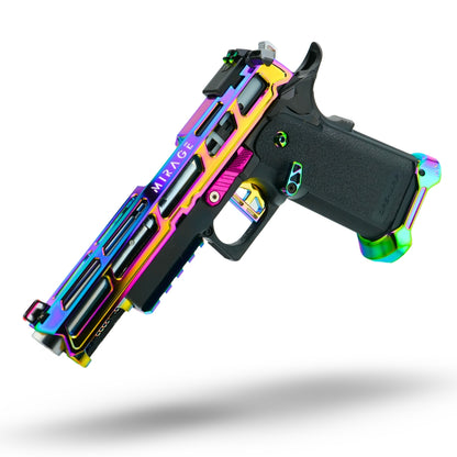 MNA Project Iris custom tokyo marui hi capa airsoft gas blowback pistol. Rainbow shiny custom upgraded hi capa with custom slide trigger magwell and rainbow upgrades for Hi Capa 5.1. Main image.