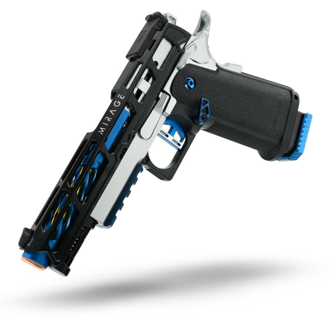 Custom upgraded Tokyo Marui Hi-Capa 5.1 airsoft gas blowback pistol in metallic blue, black, and silver with CNC aluminum slide, precision barrel upgrade, and high-performance internal parts for competitive speedsoft and IPSC shooting.