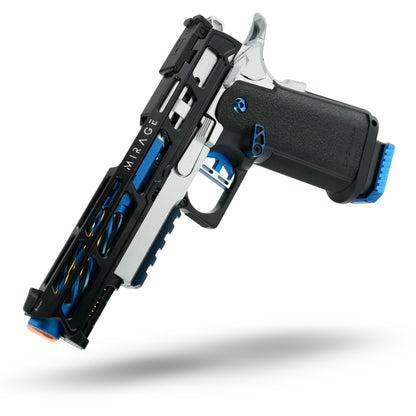 Custom upgraded Tokyo Marui Hi-Capa 5.1 airsoft gas blowback pistol in metallic blue, black, and silver with CNC aluminum slide, precision barrel upgrade, and high-performance internal parts for competitive speedsoft and IPSC shooting.